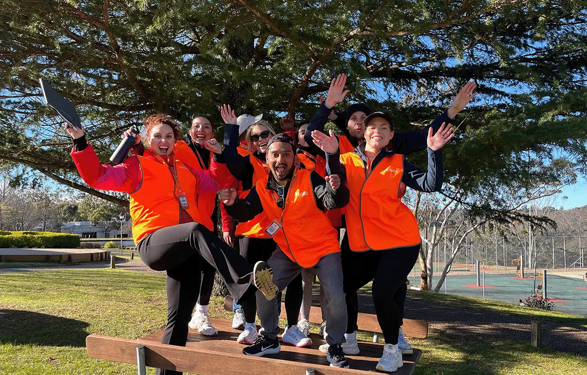 Large corporate group enjoying a nature-inspired Amazing Race team building day in the Blue Mountains