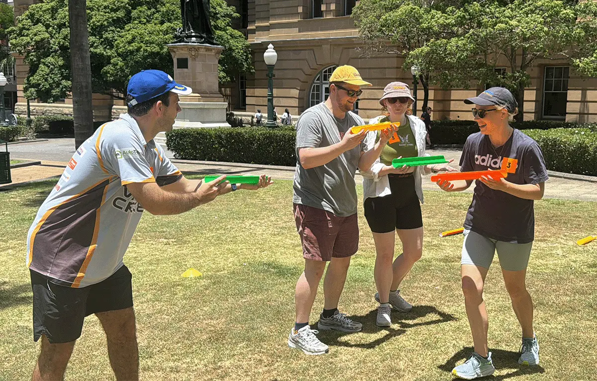Team bonding moments during a Charity Amazing Race in Brisbane supporting suicide prevention awareness.