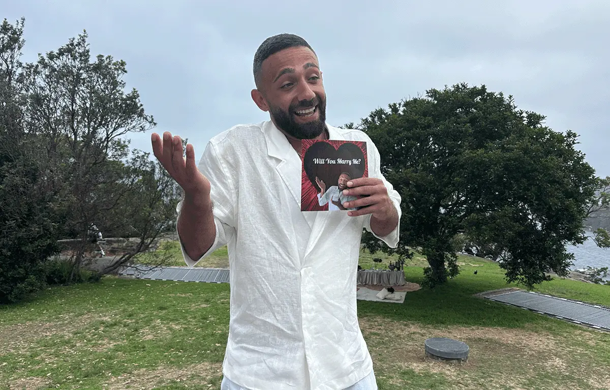 Surprise engagement during a Proposal Amazing Race overlooking Sydney Harbour