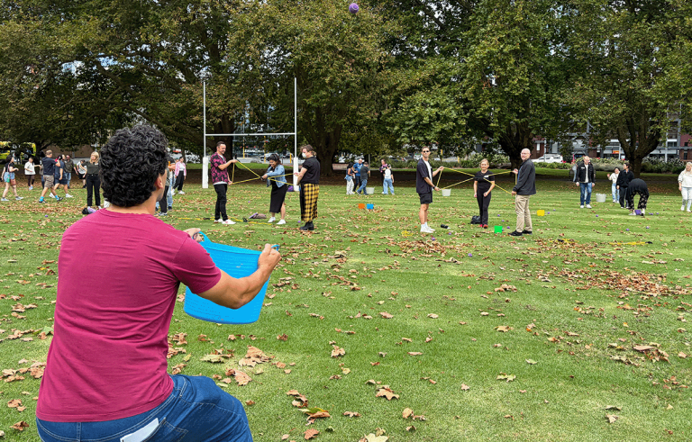 Team completing slingshot challenge during Auckland corporate Amazing Race